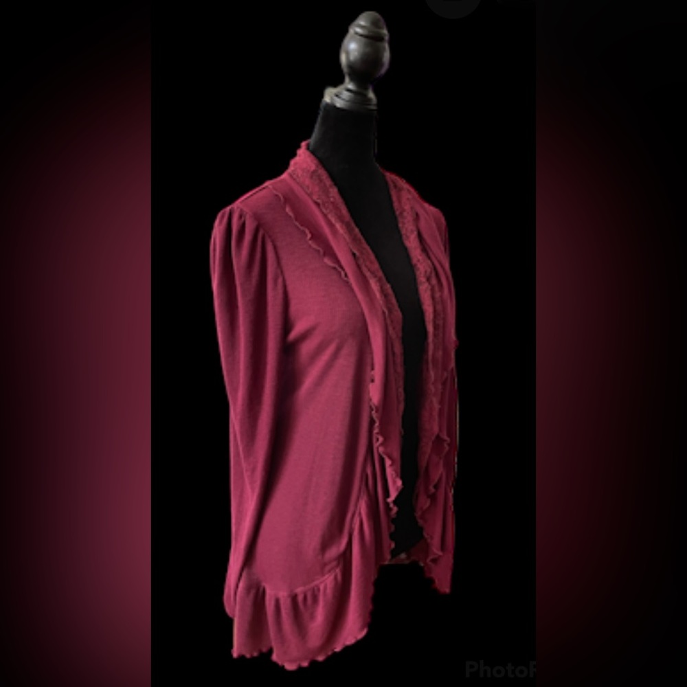 Debbie Morgan: Maroon Ruffle and Lace Cardigan